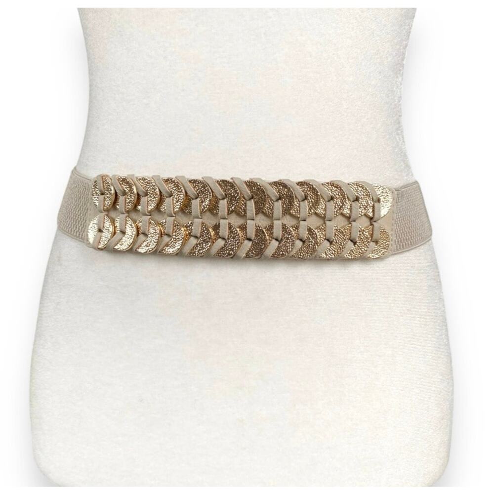 Vntg 80s Cinch Waist Belt Sz S/M Beige Elastic
Stretch Gold Faux Leather Y2k